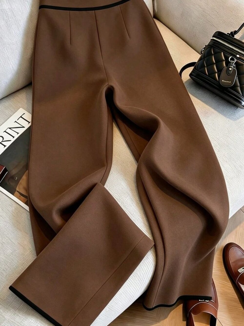 Coffee Brown Casual Women's Wide Leg Suit Pants with Button Waist, Patch Pockets - Picture 2 of 4